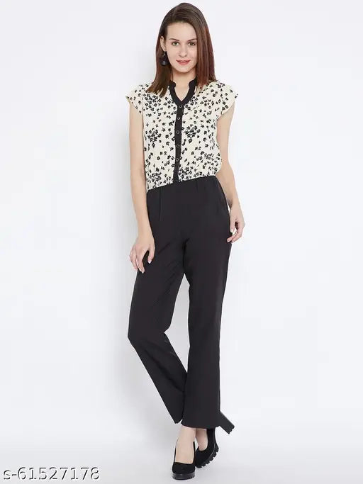 Crepe cream and black printed jumpsuit for women, short sleeves, made in India
