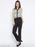 Crepe cream and black printed jumpsuit for women, short sleeves, made in India