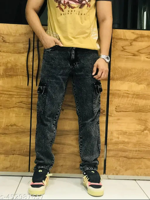 Oversized denim men's six-pocket jeans, loose fit, vintage-inspired baggy pants with roomy pockets. Made in India, sizes 28-34