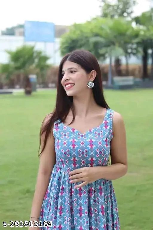 Blue rayon sleeveless kurta with multi-colored print gown, ideal for festive occasions