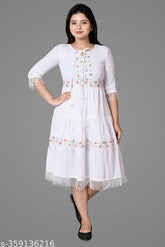 White cotton blend embellished kurta with three-quarter sleeves, rope waist detail, Indian origin
