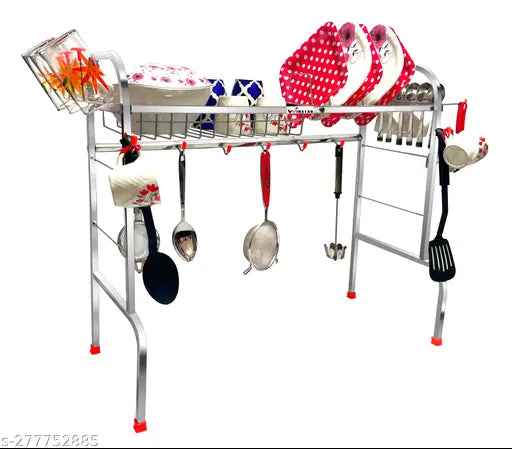 Stainless steel dish drainer rack, 24x28 inches, space-saving kitchen organizer for plates and utensils