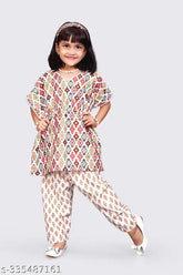 Cotton kaftan top & pant tunic (kurti) in printed pattern, A-line shape, harem pants. Ideal for Indian ethnic wear, casual & party events. Quality product, size options from 12-9 years. Made in India