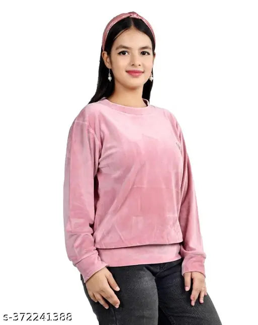 Long sleeve girls' woolen sweatshirt, casual and daily wear for 8-13 years, solid design, made in India