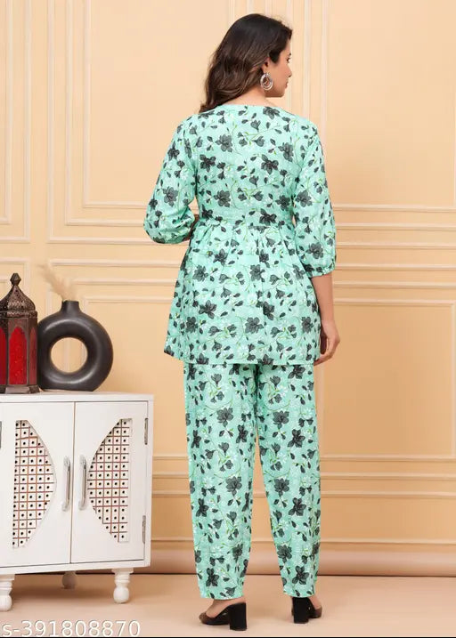 Floral printed rayon night suit for women and girls, ankali style with easy feeding vertical zippers, perfect for maternity and sleepwear