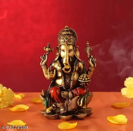 Resin Lord Ganesha sitting on lotus flower, vibrant, 4.5x7 inch, Indian artifact for home decor or puja room