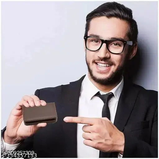 dark brown genuine leather slim debit credit card holder, stores up to 6 cards with ID window