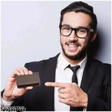 dark brown genuine leather slim debit credit card holder, stores up to 6 cards with ID window