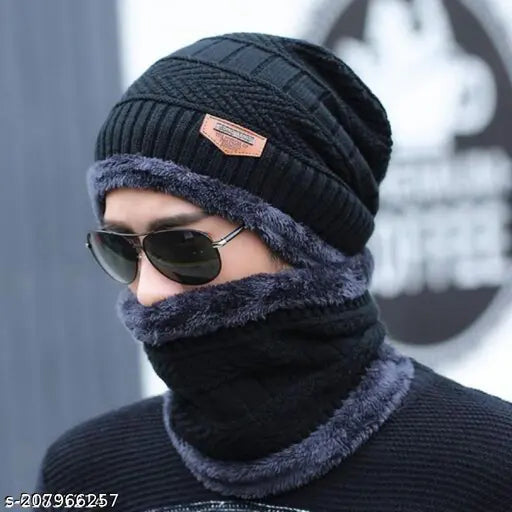 Black wool men's balaclava cap, solid design, perfect for winter comfort, Made in India