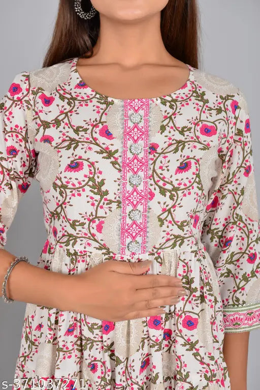Rayon pink floral print AURELISA women's anarkali gotta kurti, three-quarter sleeves, India