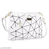 Women's white and black geometric design sling bag, PU material, spacious compartment, adjustable belt, ideal for college and office use