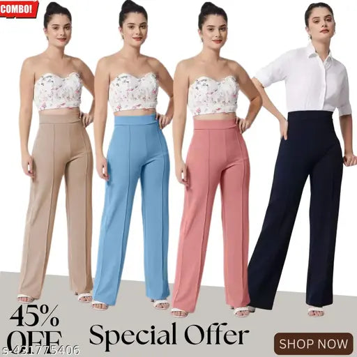 Trendy cotton blend solid high-waisted bell-bottom palazzo pants combo of 4 (S-XXL) for women - Indian denim fashion