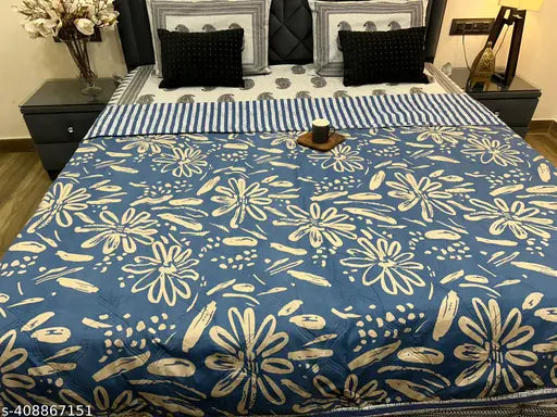 Reversible cotton Dasha quilt, abstract pattern, ideal for AC rooms (90x80in, double size)