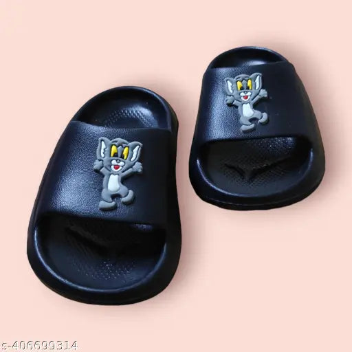 Black Pu soled cartoon character flip flops for kids daily use