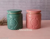 Green and pink ceramic jar, 900ml, freezer-safe, glossy quality, Indian origin