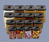 Black unbreakable plastic kitchen dabba set, airtight with different capacities (1400ml, 900ml, 650ml, 350ml) for storage and cooking in the kitchen. Set of 16 includes matching spoons