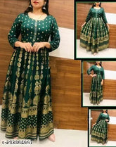 Green rayon anarkali kurti with printed combo, three-quarter sleeves for women