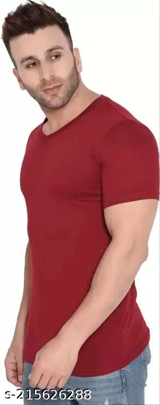 Short-sleeved cotton blend v neck men's t-shirt, solid color style