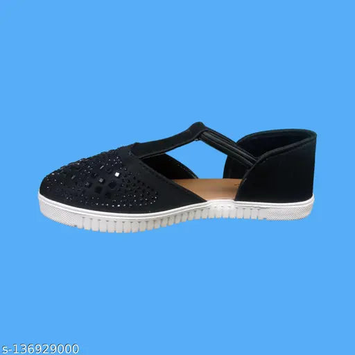 Black synthetic bellies and ballerinas mojaris and juttis for women's school, college, or wedding use. Embellished design with comfortable walking experience