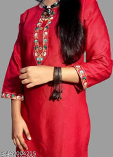Red woolen embroidery kurti with three-quarter sleeves, solid design. Close-up image shows intricate handwork on Indian traditional clothing
