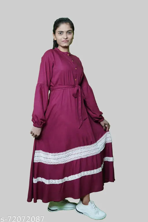 Burgundy Rayon lace work kurti, long sleeves, single sized XXS-XXXL, Indian handcrafted fashion