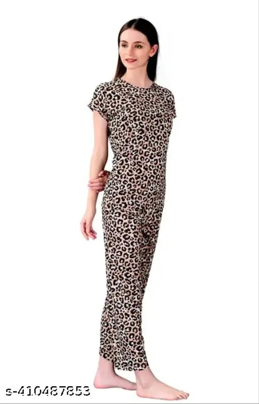 Printed cotton blend nightsuit set for women featuring leopard print, elastic waistband, and side pockets - Indian origin