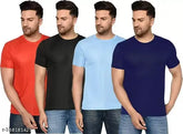 Pack of 4 Solid Color Polyester T-Shirts - Round Neck, versatile wardrobe essentials in various sizes (S-XXL)