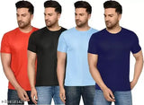 Pack of 4 solid color cotton T-shirts - round neck, short sleeves, various sizes (Black, White, Red, Blue, Green)