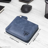 Blue faux leather round zip wallet, modern design, 2 compartments, textured pattern