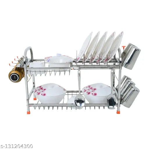 Stainless steel 2-shelf kitchen organizer, perfect for plates and cutlery. Dimensions: 15 x 21 inches, Indian origin