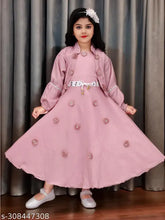 Peach rayon girls party dress and jacket set, long sleeves with lace net pattern for kids 4to8 years
