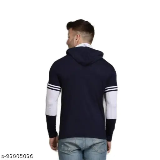 Navy blue cotton blend solid color long sleeve men's pullover hoodie with built-in mask, trendy and comfortable streetwear for men