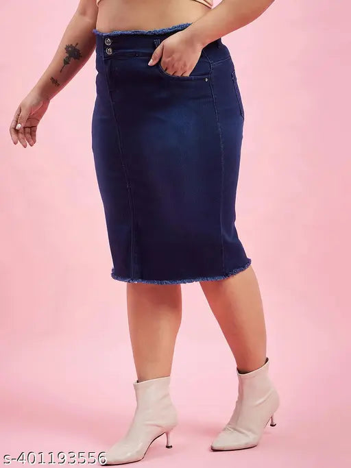 Plus size cotton blend denim pencil skirt, stretchable and solid-patterned for extended sizes 36, 38, 40, 44, and 48 (36-waist/25-length/44-hip, etc.) from India