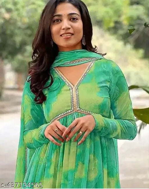 Festival special printed Georgette gown with dupattas, three-quarter sleeves, vibrant Indian design for women's wardrobe