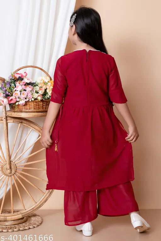 Chiffon embroidered palazzos set for girls aged 2-9 years, Indian traditional top and bottoms on display