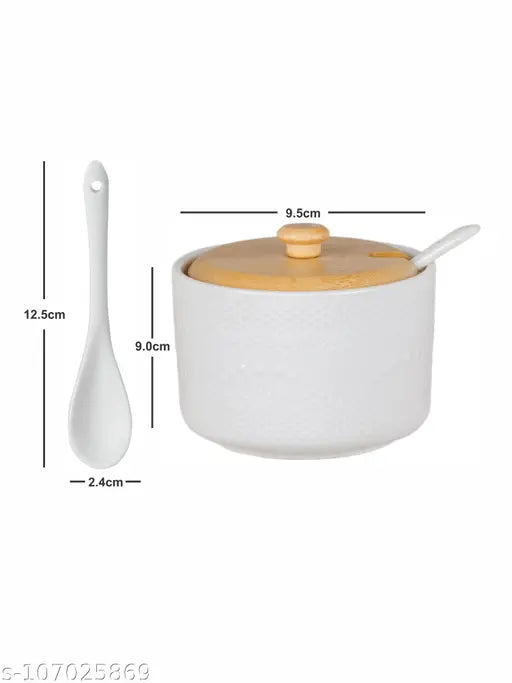 White gold porcelain container set with wooden lid & tray (2pcs canisters, 2pcs spoons, 1pc tray), 270ml each, ideal for serving sauces and seasonings on a wooden tray