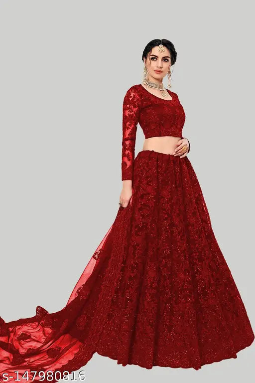 Embroidered red semi-stitched lehenga with net dupatta, intricate embroidery on traditional Indian attire