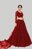 Embroidered red semi-stitched lehenga with net dupatta, intricate embroidery on traditional Indian attire