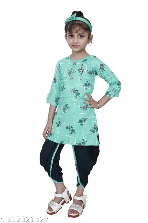 Rama green designer checked Patiala suit for girls, cotton silk anarkali style - Indian ethnic wear, sizes 3-4 years