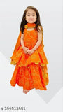 Orange rayon anarkali kurti set with sharara and dupatta for girls, featuring bandhej print design, sleeveless, knee-length