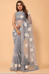 Elegant soft net floral embroidered and motii lace saree with unstitched blouse piece, Indian-made, lightweight, comfortable for formal or casual events, free size (5.5m saree length, 0.8m blouse length)