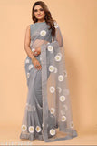 Elegant soft net floral embroidered and motii lace saree with unstitched blouse piece, Indian-made, lightweight, comfortable for formal or casual events, free size (5.5m saree length, 0.8m blouse length)