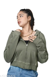 Olive cotton zipper crop jacket, long sleeves, drop shoulder hoodie, casual style