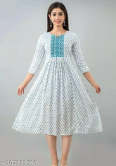 Rayon printed Anarkali kurta with embroidery, three-quarter sleeves, India-origin traditional women's dress for parties and weddings