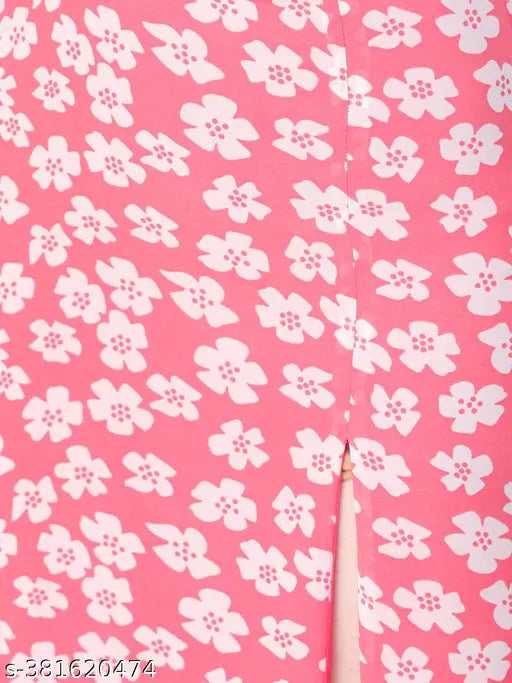 Pink printed georgette skirt with lining, featuring a net pattern. L size: waist 30in, length 38in from India