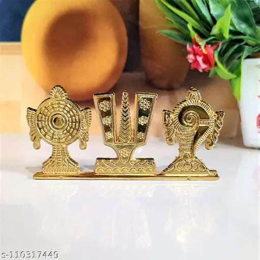 Gold plated antique Shankh Chakra Namah Symbol of Balaji decorative, suitable for car dashboards, homes, offices. Religious idol for meditation rooms or yoga rooms." (105 characters)