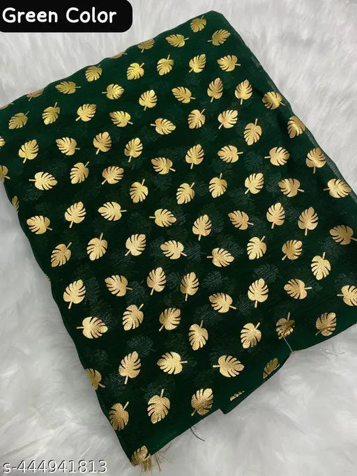 Trendy chiffon saree with foil print, daily wash, soft silk, party wear. Cream color Banarasi silk blouse, new collection 2024, under 599 INR. Free size, 5.5m saree length, 0.8m blouse length. Made in India