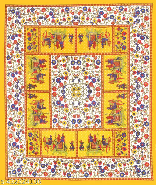 Rajasthani-printed pure cotton double bed size Jaipuri flat sheet with two pillow covers, ideal for summer