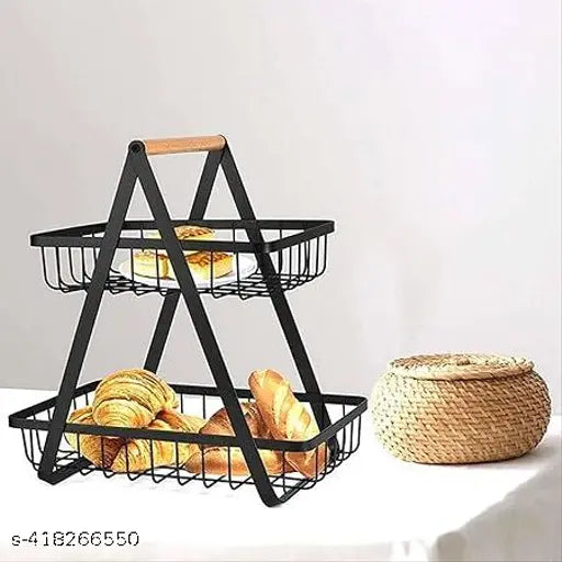Black plastic net double layer kitchen fruit holder rack, perfect for home kitchens. Multifunctional organizer for fruits, vegetables, and more, with a wood handle. Elegant and versatile storage solution for kitchen, bathroom, pantry, or office. Easy assembly