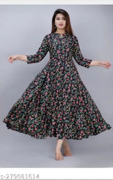 Anarkali black rayon gown, printed three-quarter sleeves, stylish festival wear for women and girls